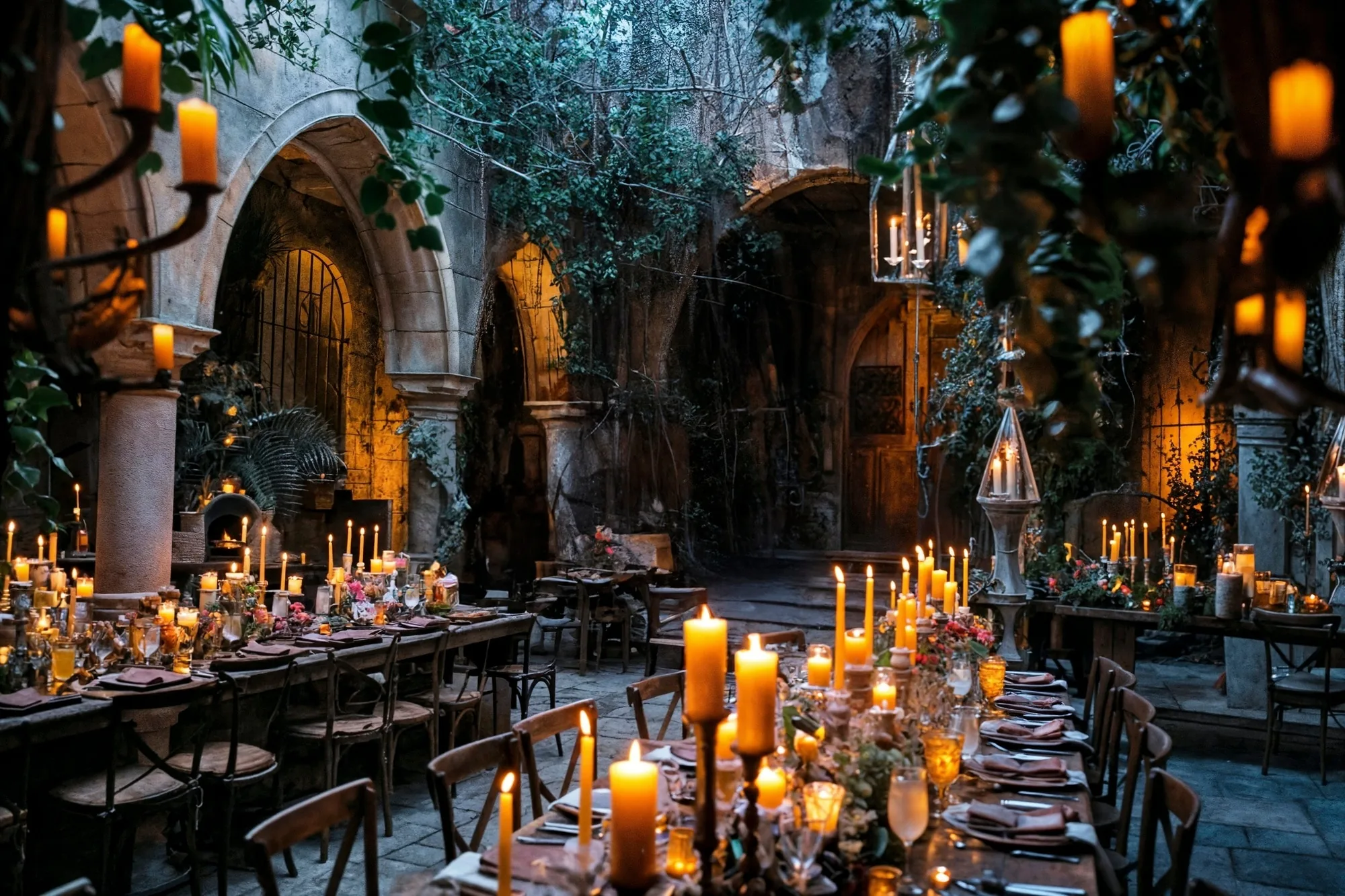 A softly lit wedding venue in Tokyo, flowers and candles arranged with quiet attention